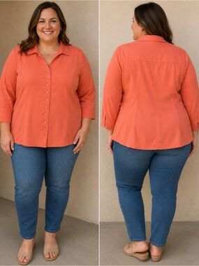 Kathy Che 16 Stretch Coral Orange Shirt Long Sleeve Button Down